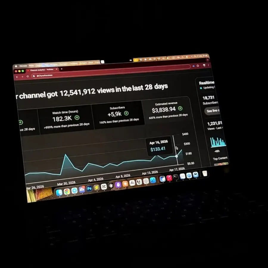 YouTube channel analytics dashboard showing views, subscribers and revenue growth